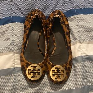Tory Burch Animal Print Flats with Gold Accent